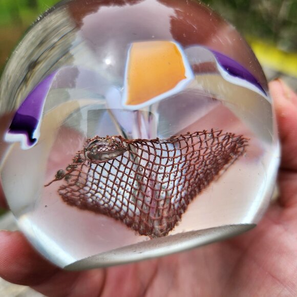 Vintage Handblown Glass Paperweight With Purple & Amber Swirls Copper Mesh Cente - Picture 8 of 10